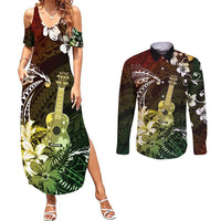 Hawaii Ukulele Couples Matching Summer Maxi Dress and Long Sleeve Button Shirt Polynesian Pattern Mix Hibiscus Reggae Version LT05 Reggae - Polynesian Pride