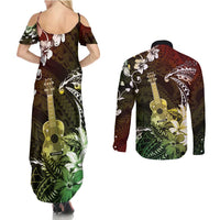 Hawaii Ukulele Couples Matching Summer Maxi Dress and Long Sleeve Button Shirt Polynesian Pattern Mix Hibiscus Reggae Version LT05 - Polynesian Pride