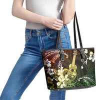 Hawaii Ukulele Leather Tote Bag Polynesian Pattern Mix Hibiscus Reggae Version