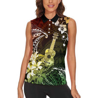 Hawaii Ukulele Women Sleeveless Polo Shirt Polynesian Pattern Mix Hibiscus Reggae Version LT05