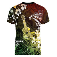Hawaii Ukulele Women V-Neck T-Shirt Polynesian Pattern Mix Hibiscus Reggae Version LT05