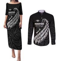 Custom New Zealand Marathon Couples Matching Puletasi and Long Sleeve Button Shirt Maori Style LT05 Black - Polynesian Pride