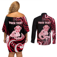 Personalised New Zealand Maori Taniwha Couples Matching Off Shoulder Short Dress and Long Sleeve Button Shirt Silver Fern Red Version