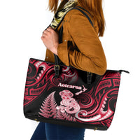 New Zealand Maori Taniwha Leather Tote Bag Silver Fern Red Version LT05 Red - Polynesian Pride
