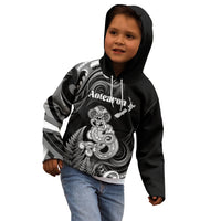 Personalised New Zealand Maori Taniwha Kid Hoodie Silver Fern Black Version