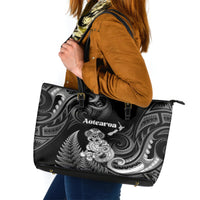 New Zealand Maori Taniwha Leather Tote Bag Silver Fern Black Version LT05 Black - Polynesian Pride