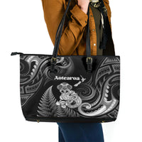 New Zealand Maori Taniwha Leather Tote Bag Silver Fern Black Version LT05 - Polynesian Pride