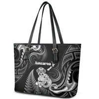 New Zealand Maori Taniwha Leather Tote Bag Silver Fern Black Version LT05 - Polynesian Pride