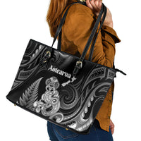 New Zealand Maori Taniwha Leather Tote Bag Silver Fern Black Version LT05 - Polynesian Pride