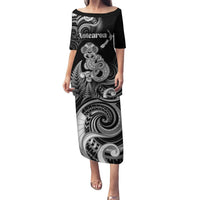 Personalised New Zealand Maori Taniwha Puletasi Silver Fern Black Version LT05 Long Dress Black - Polynesian Pride