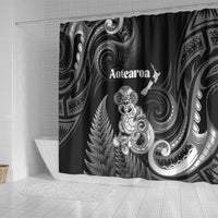 New Zealand Maori Taniwha Shower Curtain Silver Fern Black Version