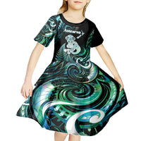 Personalised New Zealand Maori Taniwha Kid Short Sleeve Dress Silver Fern Paua Shell Version