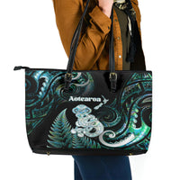 New Zealand Maori Taniwha Leather Tote Bag Silver Fern Paua Shell Version LT05 - Polynesian Pride