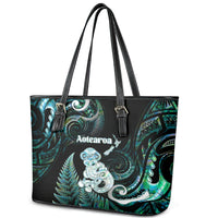 New Zealand Maori Taniwha Leather Tote Bag Silver Fern Paua Shell Version LT05 - Polynesian Pride