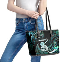 New Zealand Maori Taniwha Leather Tote Bag Silver Fern Paua Shell Version LT05 - Polynesian Pride