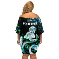 Personalised New Zealand Maori Taniwha Off Shoulder Short Dress Silver Fern Paua Shell Version LT05 - Polynesian Pride