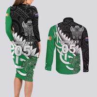 New Zealand And Ireland Rugby Custom Couples Matching Long Sleeve Bodycon Dress and Long Sleeve Button Shirt Silver Fern With Celtic Cross