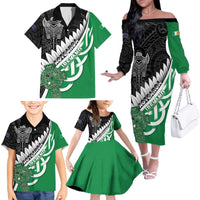 New Zealand And Ireland Rugby Custom Family Matching Off The Shoulder Long Sleeve Dress and Hawaiian Shirt Silver Fern With Celtic Cross