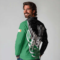New Zealand And Ireland Rugby Custom Long Sleeve Polo Shirt Silver Fern With Celtic Cross