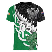 New Zealand And Ireland Rugby Custom Women V-Neck T-Shirt Silver Fern With Celtic Cross