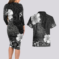 Hawaii Hibiscus With Black Polynesian Pattern Couples Matching Long Sleeve Bodycon Dress and Hawaiian Shirt LT05 - Polynesian Pride