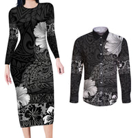 Hawaii Hibiscus With Black Polynesian Pattern Couples Matching Long Sleeve Bodycon Dress and Long Sleeve Button Shirt LT05 Black - Polynesian Pride