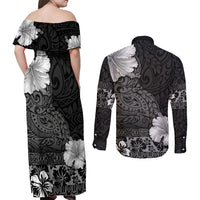 Hawaii Hibiscus With Black Polynesian Pattern Couples Matching Off Shoulder Maxi Dress and Long Sleeve Button Shirt LT05 - Polynesian Pride