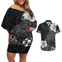 Hawaii Hibiscus With Black Polynesian Pattern Couples Matching Off Shoulder Short Dress and Hawaiian Shirt LT05 Black - Polynesian Pride