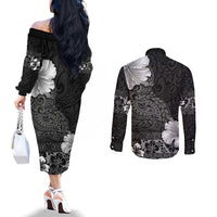 Hawaii Hibiscus With Black Polynesian Pattern Couples Matching Off The Shoulder Long Sleeve Dress and Long Sleeve Button Shirt LT05 - Polynesian Pride
