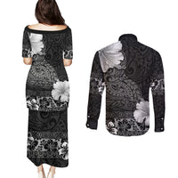 Hawaii Hibiscus With Black Polynesian Pattern Couples Matching Puletasi and Long Sleeve Button Shirt LT05 - Polynesian Pride