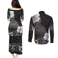 Hawaii Hibiscus With Black Polynesian Pattern Couples Matching Puletasi and Long Sleeve Button Shirt LT05 - Polynesian Pride