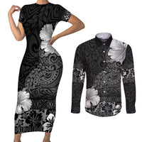 Hawaii Hibiscus With Black Polynesian Pattern Couples Matching Short Sleeve Bodycon Dress and Long Sleeve Button Shirt LT05 Black - Polynesian Pride