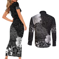 Hawaii Hibiscus With Black Polynesian Pattern Couples Matching Short Sleeve Bodycon Dress and Long Sleeve Button Shirt LT05 - Polynesian Pride