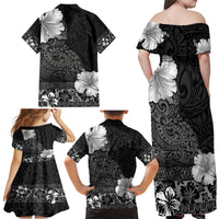 Hawaii Hibiscus With Black Polynesian Pattern Family Matching Off Shoulder Maxi Dress and Hawaiian Shirt