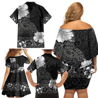 Hawaii Hibiscus With Black Polynesian Pattern Family Matching Off Shoulder Short Dress and Hawaiian Shirt