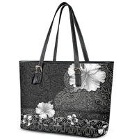 Hawaii Hibiscus With Black Polynesian Pattern Leather Tote Bag LT05 - Polynesian Pride