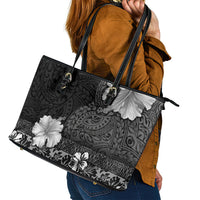 Hawaii Hibiscus With Black Polynesian Pattern Leather Tote Bag LT05 - Polynesian Pride
