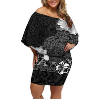 Hawaii Hibiscus With Black Polynesian Pattern Off Shoulder Short Dress LT05 Women Black - Polynesian Pride