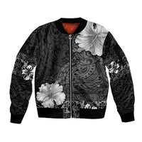 Hawaii Hibiscus With Black Polynesian Pattern Sleeve Zip Bomber Jacket LT05 Unisex Black - Polynesian Pride