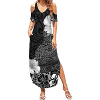Hawaii Hibiscus With Black Polynesian Pattern Summer Maxi Dress LT05 Women Black - Polynesian Pride