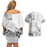 Hawaii Hibiscus With White Polynesian Pattern Couples Matching Off Shoulder Short Dress and Hawaiian Shirt LT05 - Polynesian Pride