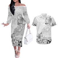 Hawaii Hibiscus With White Polynesian Pattern Couples Matching Off The Shoulder Long Sleeve Dress and Hawaiian Shirt LT05 White - Polynesian Pride
