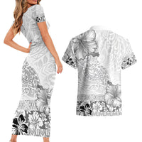 Hawaii Hibiscus With White Polynesian Pattern Couples Matching Short Sleeve Bodycon Dress and Hawaiian Shirt LT05 - Polynesian Pride