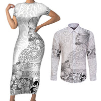 Hawaii Hibiscus With White Polynesian Pattern Couples Matching Short Sleeve Bodycon Dress and Long Sleeve Button Shirt LT05 White - Polynesian Pride