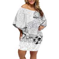 Hawaii Hibiscus With White Polynesian Pattern Off Shoulder Short Dress LT05 Women White - Polynesian Pride