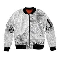 Hawaii Hibiscus With White Polynesian Pattern Sleeve Zip Bomber Jacket LT05 Unisex White - Polynesian Pride