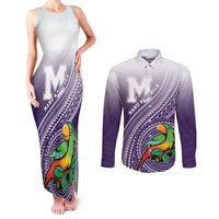 Personalized Manua High School Couples Matching Tank Maxi Dress and Long Sleeve Button Shirt Polynesian Tribal Pattern LT05 Purple - Polynesian Pride