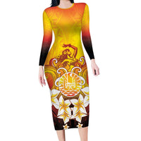 Tahiti Heiva Festival Family Matching Long Sleeve Bodycon Dress and Hawaiian Shirt Tahitian Vahine Plumeria Flowers