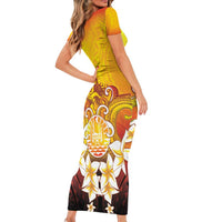 Tahiti Heiva Festival Family Matching Short Sleeve Bodycon Dress and Hawaiian Shirt Tahitian Vahine Plumeria Flowers