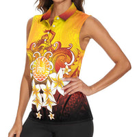 Tahiti Heiva Festival Women Sleeveless Polo Shirt Tahitian Vahine Plumeria Flowers